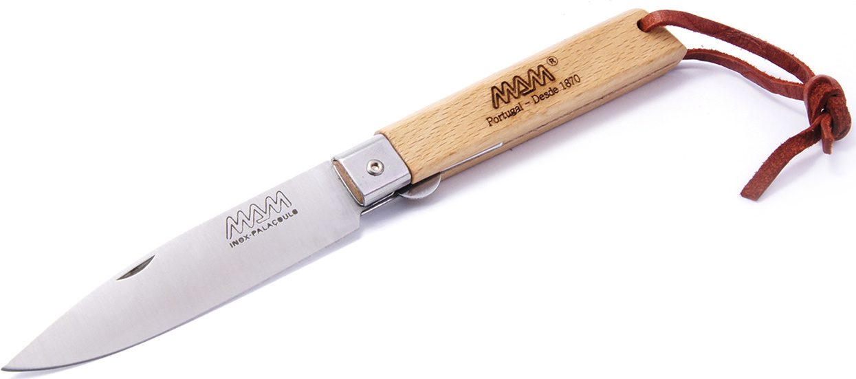 Zavírací nůž s koženým poutkem a pojistkou MAM Operario 2038 - buk, 8,8 cm