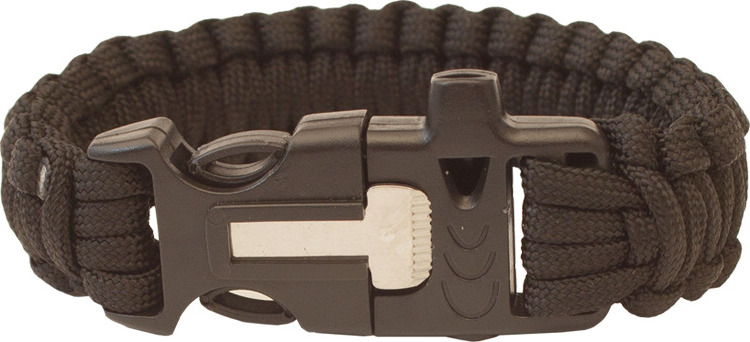 Paracord náramek HIGHLANDER - trojzubec, píšťalka, křesadlo černý