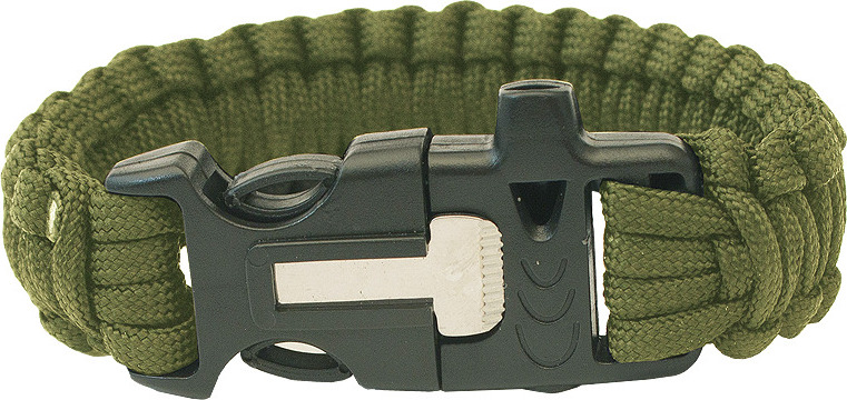 Paracord Náramek HIGHLANDER - trojzubec, píšťalka, křesadlo olivový