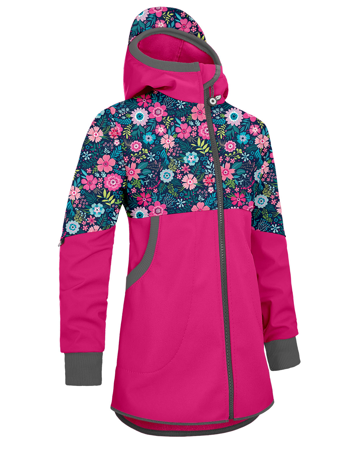Dívčí softshellový kabát UNUO s fleecem Street, Fuchsiová, Květinky Velikost: 134/140