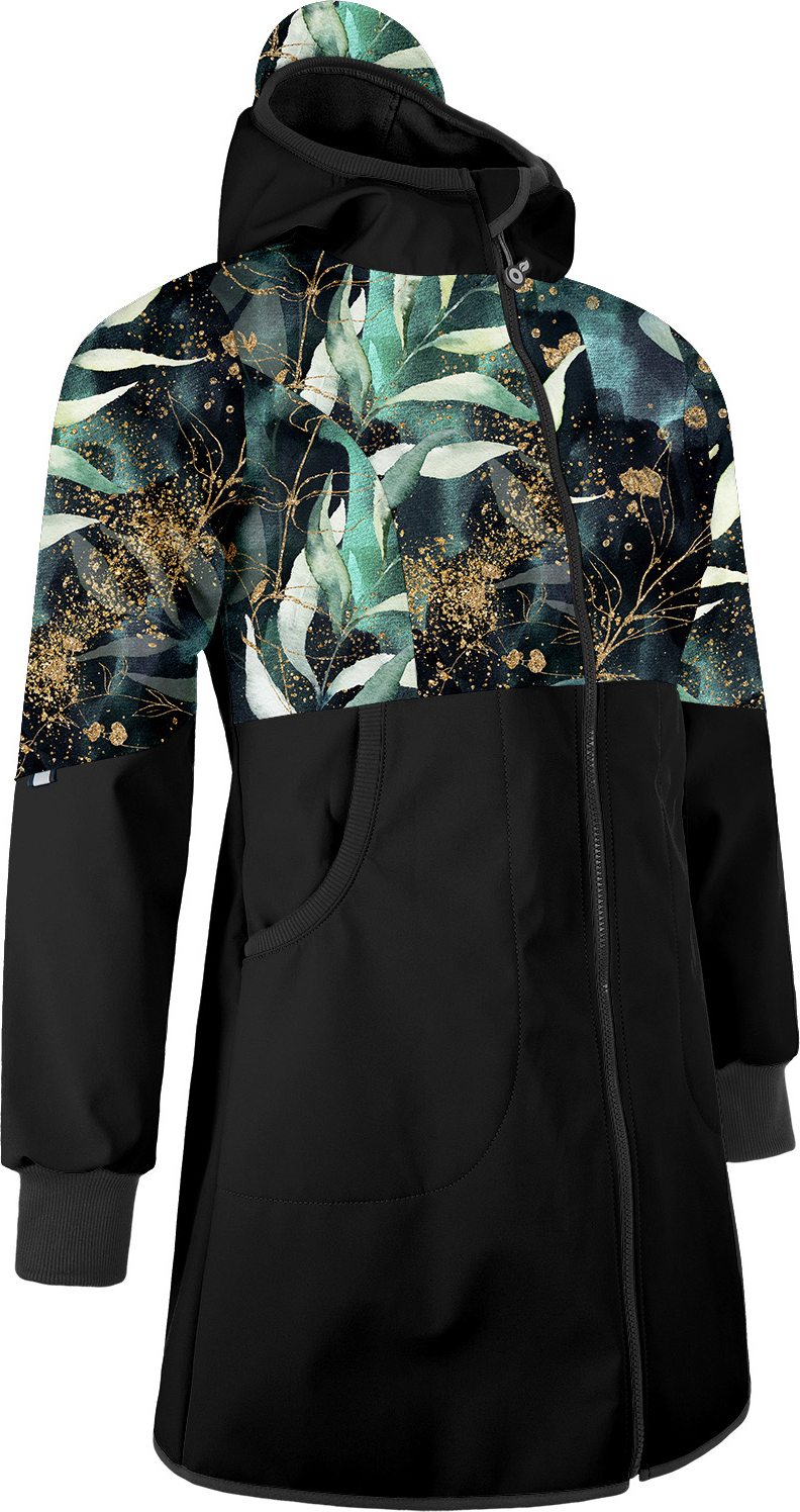 Dámský softshellový kabát UNUO s fleecem Street, Černá, Listy a větvičky Velikost: XS