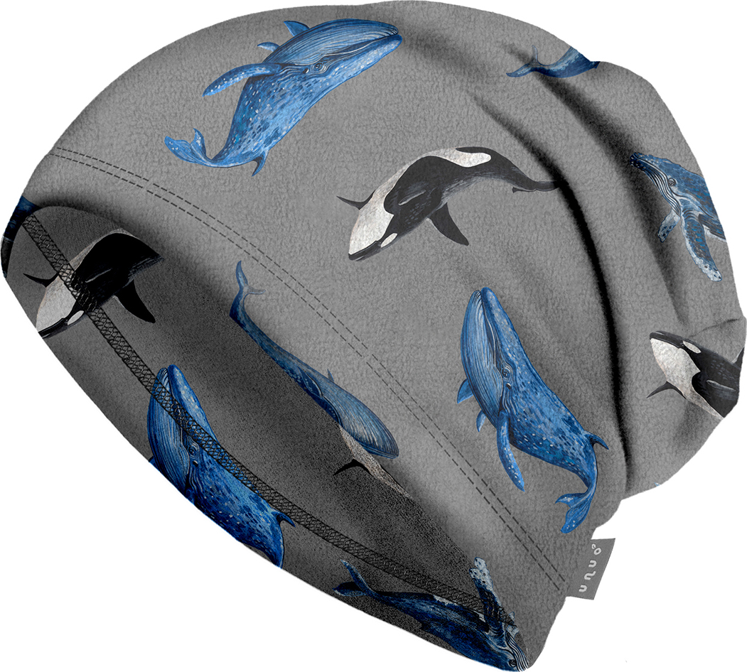 Dětská čepice UNUO fleecová Homeless, Šedá, Velryby Velikost: S (45 - 48 cm)