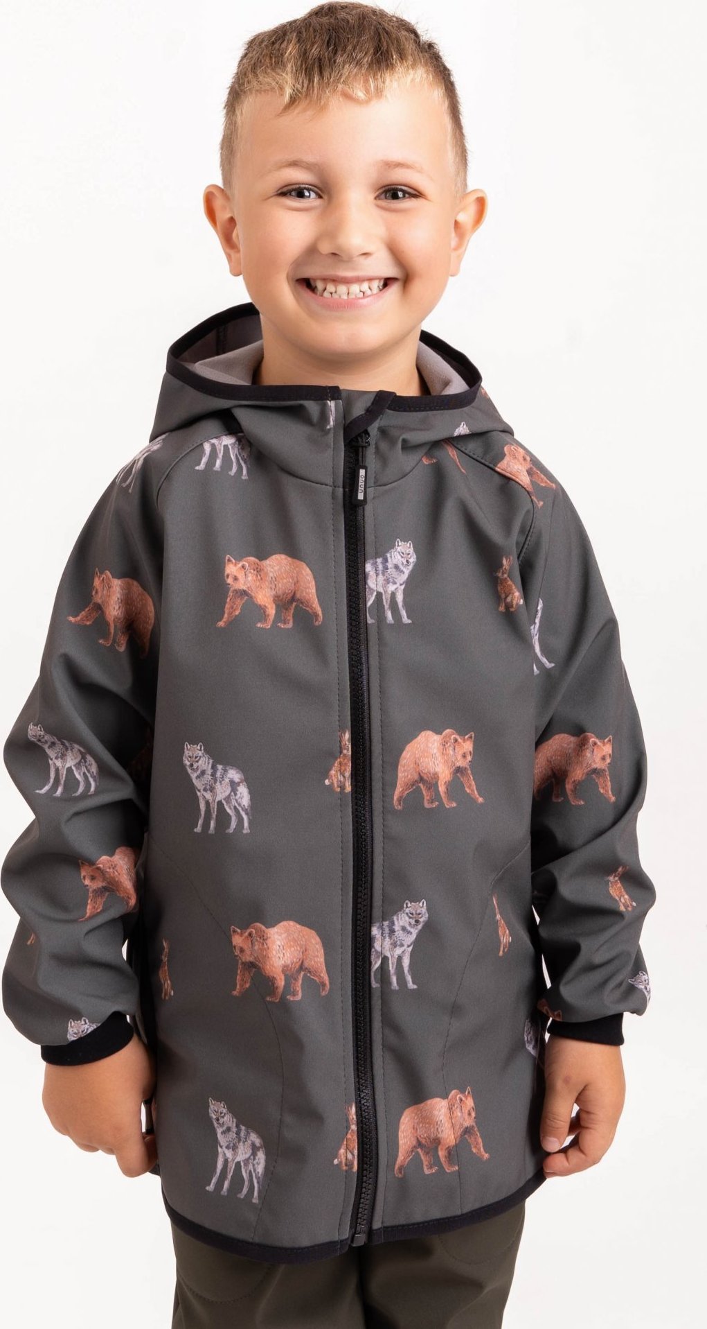 Dětská softshellová bunda UNUO s fleecem Basic, Khaki, Lesní zvířata Velikost: 134/140