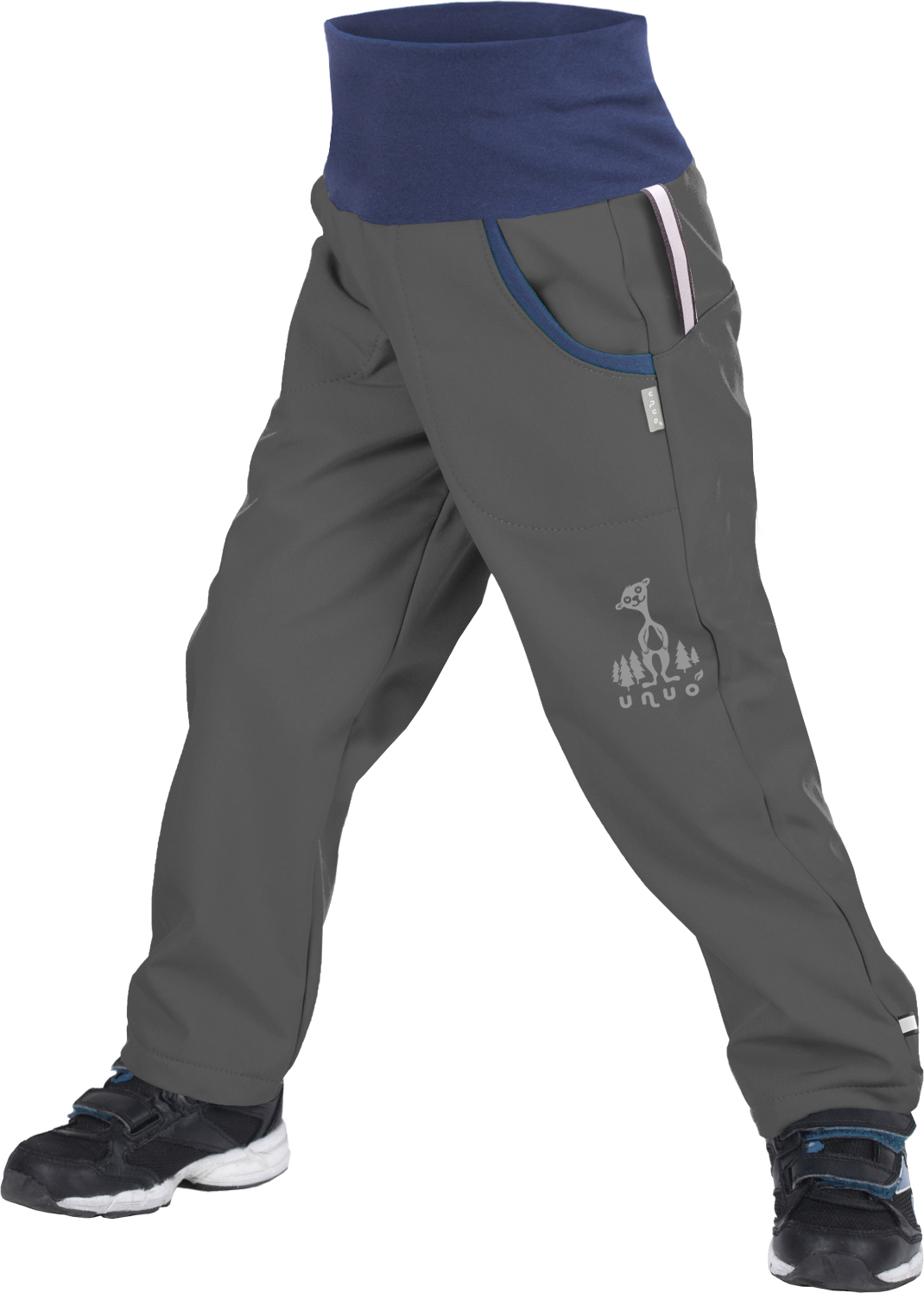 Dětské softshellové kalhoty UNUO s fleecem Antracitové + reflexní obrázek Evžen (Softshell kids trousers) Velikost: 116/122