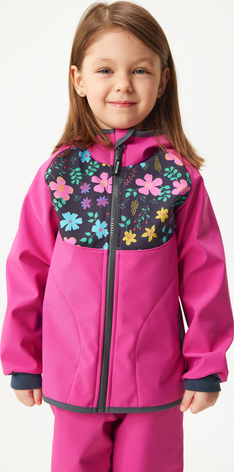 Dětská softshellová bunda UNUO s fleecem Basic, Fuchsiová, Kytičky Velikost: 116/122