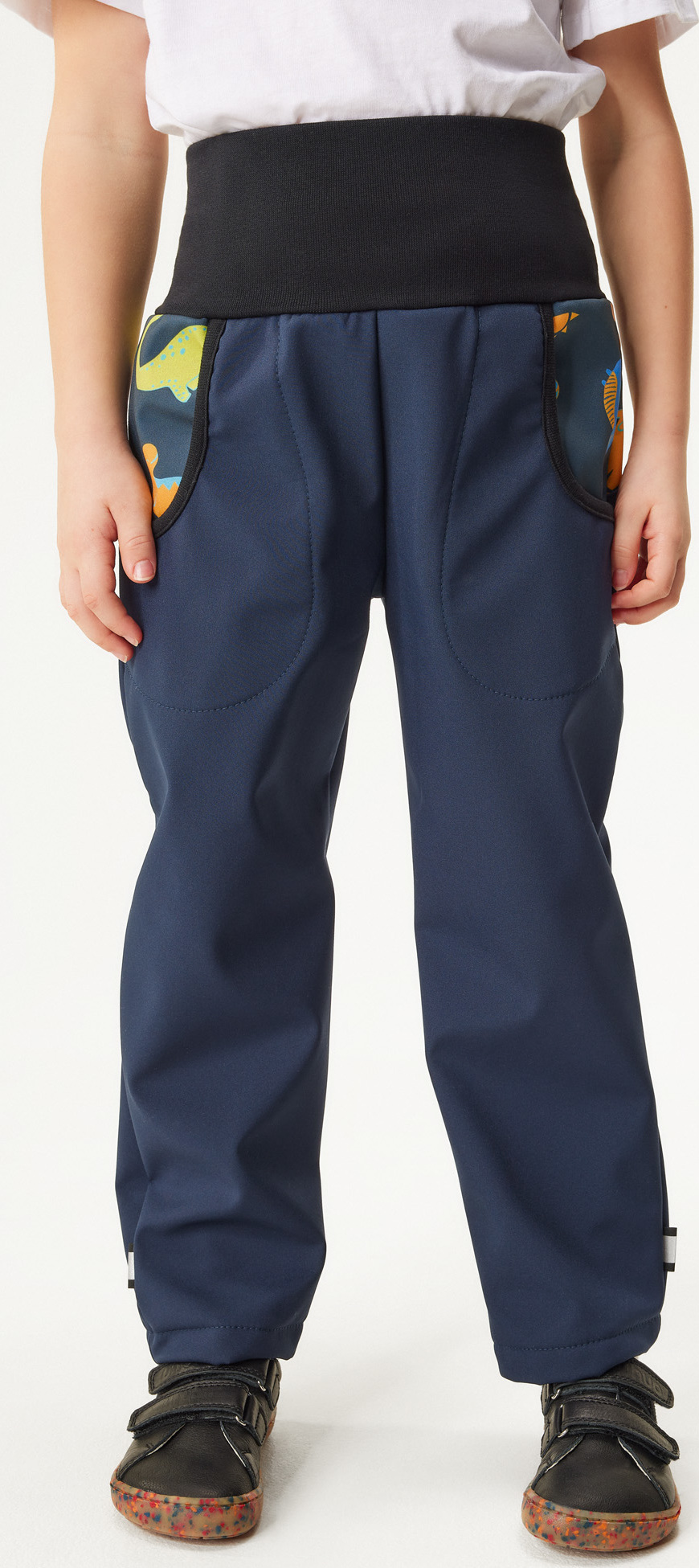 Dětské softshellové kalhoty UNUO s fleecem Basic, Tm. Modročerná, Dinosauři Velikost: 104/110