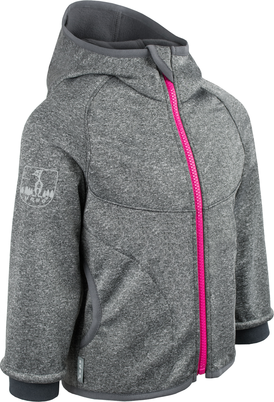 Dětská softshellová bunda s fleecem UNUO New melír šedý, zip růžový + reflexní obrázek Evžen (Baby softshell jacket) Velikost: 116/122