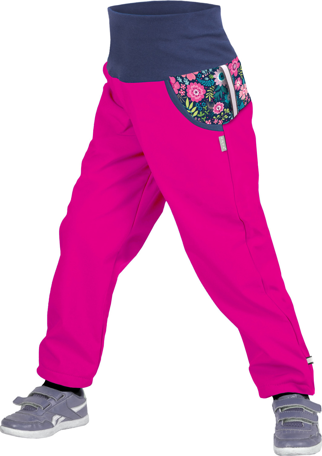 Dětské softshellové kalhoty UNUO s fleecem Květinky Fuchsiové (Softshell kids trousers) Velikost: 122/128