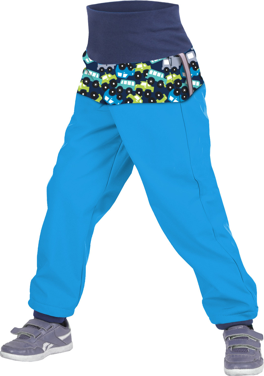 Batolecí softshellové kalhoty UNUO s fleecem Autíčka tyrkysové (Softshell toodler trousers) Velikost: 86/92