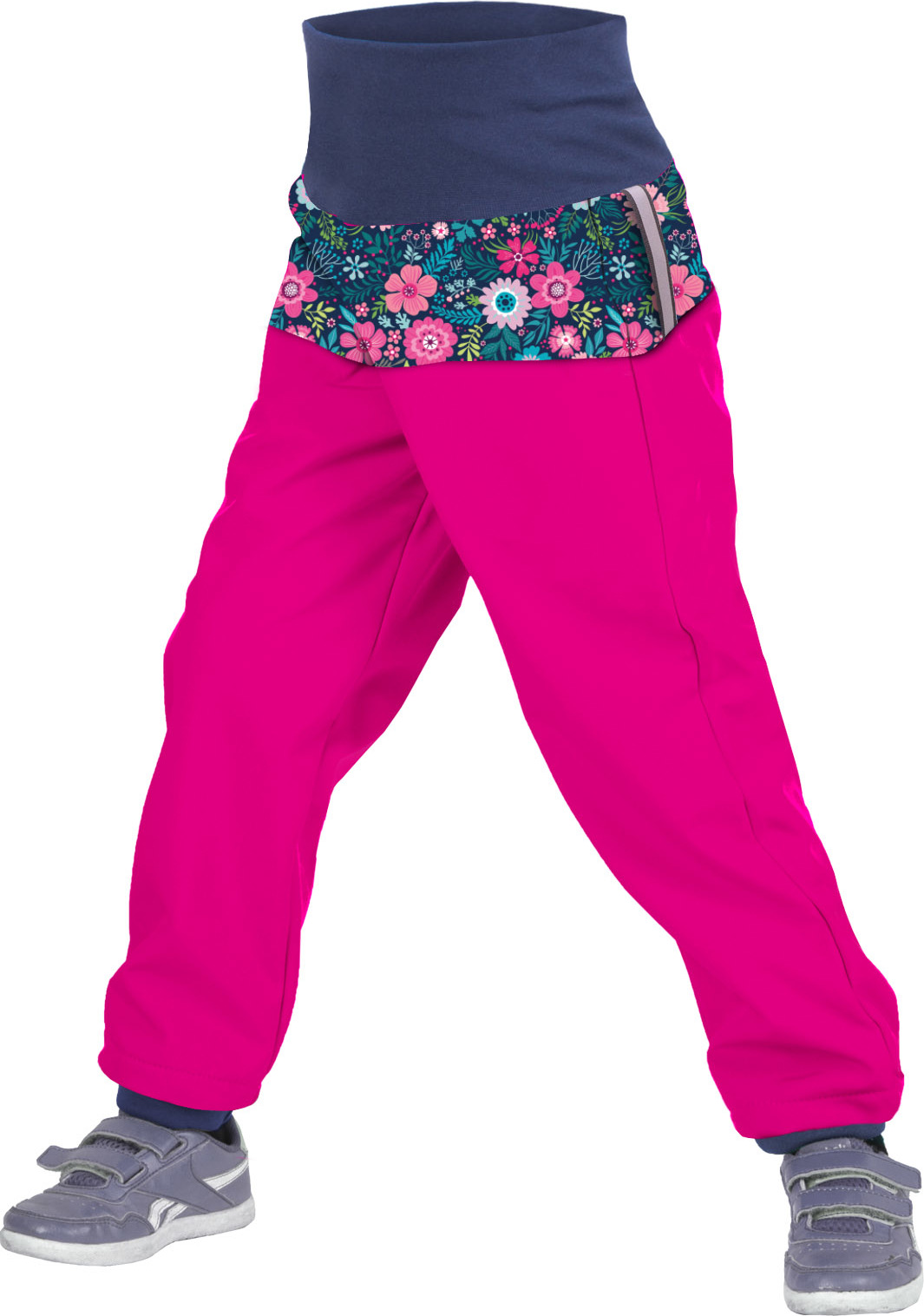 Batolecí softshellové kalhoty UNUO s fleecem Květinky fuchsiové (Softshell toodler trousers) Velikost: 98/104