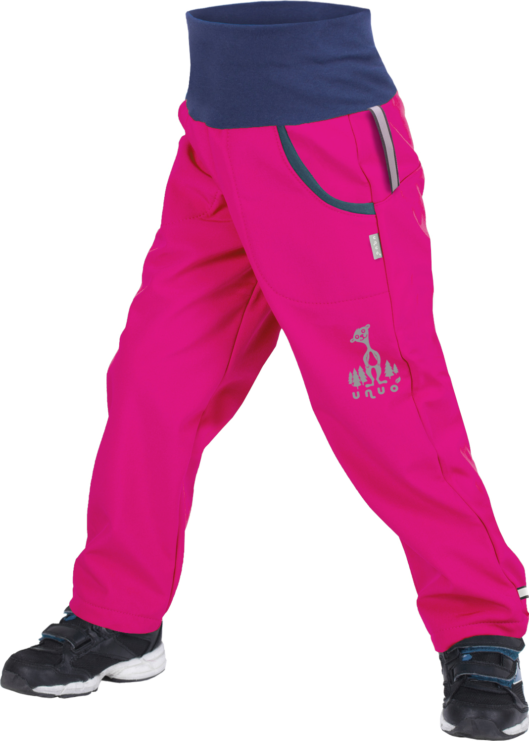 Dětské softshellové kalhoty UNUO s fleecem Fuchsiové + reflexní obrázek Evžen (Softshell kids trousers) Velikost: 116/122