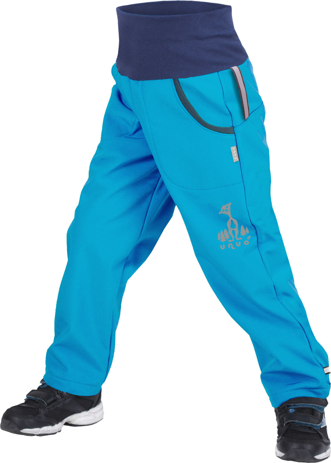 Dětské softshellové kalhoty UNUO s fleecem Tyrkysové + reflexní obrázek Evžen (Softshell kids trousers) Velikost: 104/110