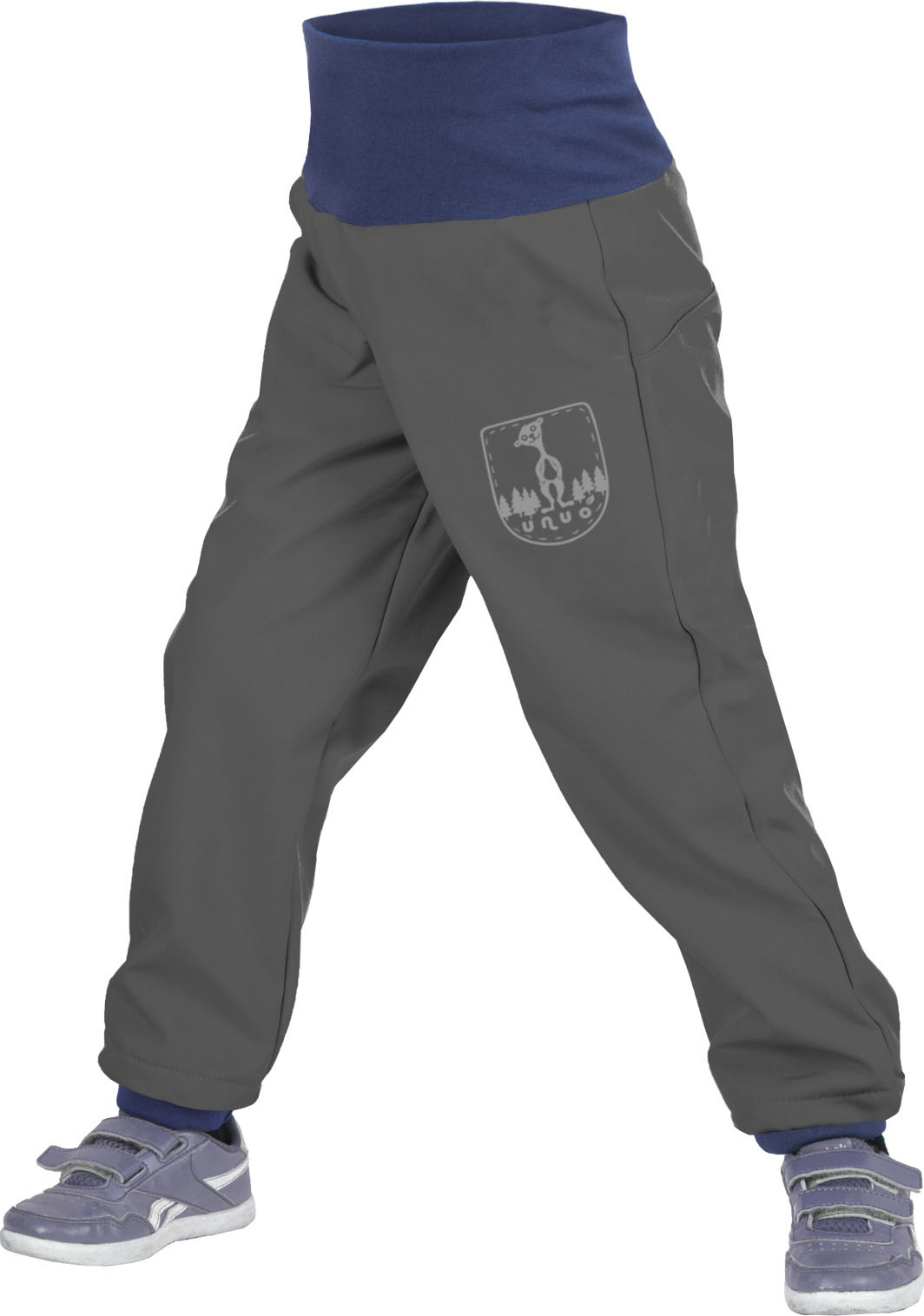 Batolecí softshellové kalhoty UNUO s fleecem Antracitové + reflexní obrázek Evžen (Softshell toodler trousers) Velikost: 80/86