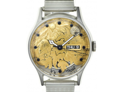 Unikátní hodinky, ručně gravírovaný zlacený číselník, stojek ETA 2824-2