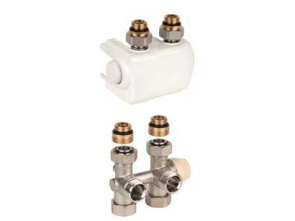 Honeywell Resideo regulační a uzavírací šroubení Therafix (H-blok) přímé/rohové (univerzální) s termostatickým ventilem, připojení 3/4", bílá, V2474EDWSY015