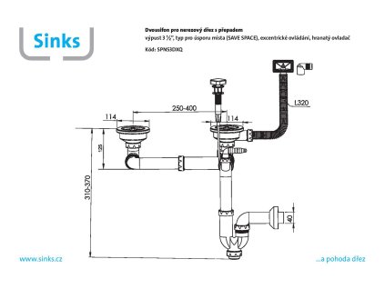 Sinks Dvousifon 3 1/2" pro nerez. dřezy s úsporou místa a s exc. ovladačem (hranatý) SPNS3DXQ