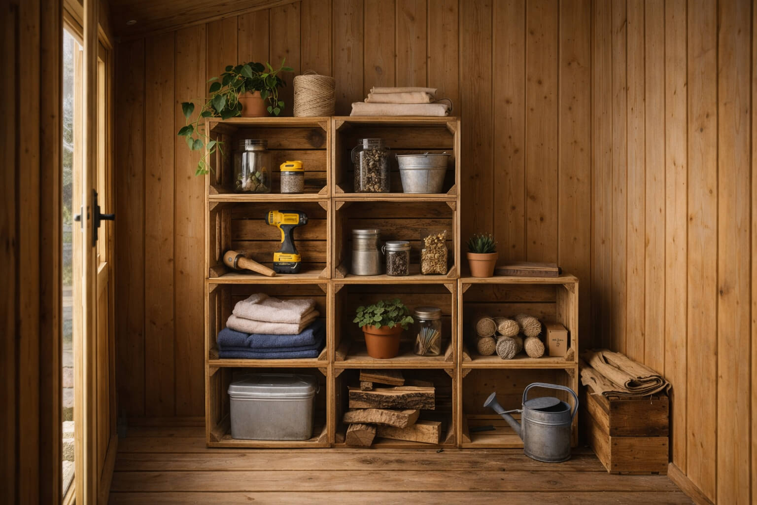 DIY víkend: Jak si za pár korun vyrobit regál z bedýnek do zahradního domku