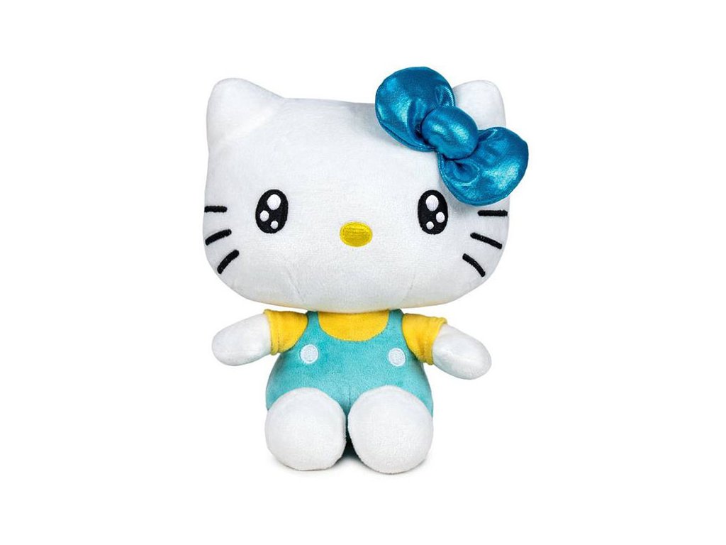 hello kitty 50th anniversary plush figure light blue bow yellow shirt 22 cm plysova postavicka 8425611338694
