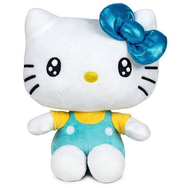 Hello Kitty 50th Anniversary Plush Figure Light Blue Bow Yellow Shirt 22 cm
