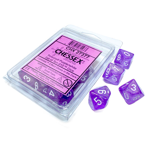 Sada kociek na RPG: Chessex - Borealis Purple White Luminary (10 ks)