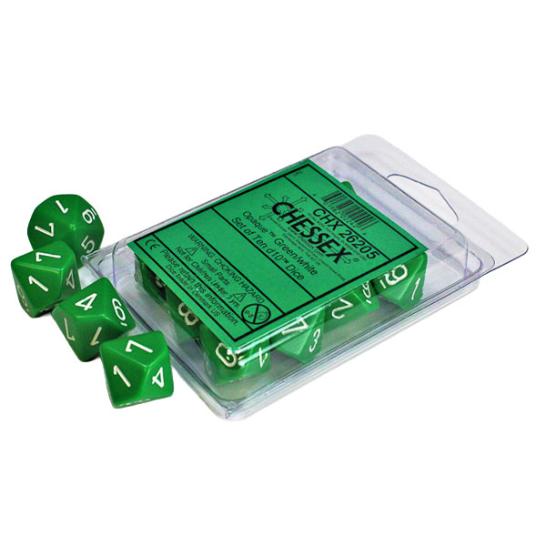 Sada kociek na RPG: Chessex - Green White Opaque (10 ks)
