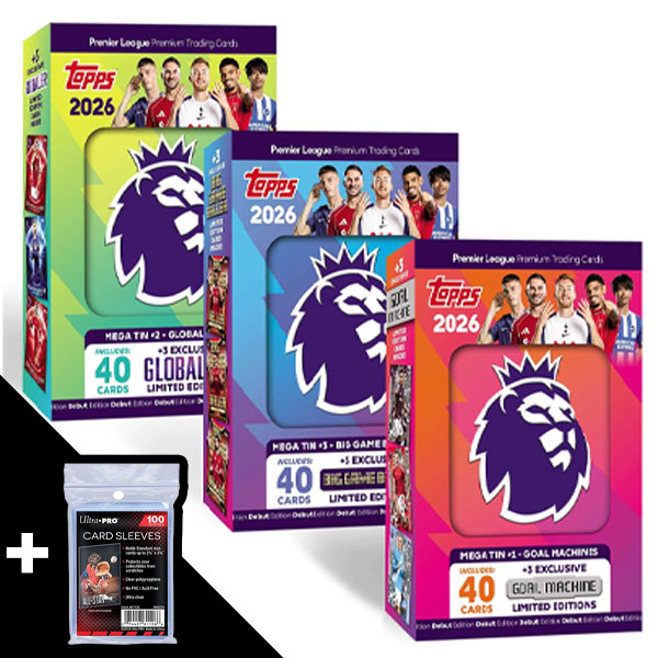 Futbalové karty Topps Premier League Premium 2026 Debut Edition - Mega Tin + 100 obalov
