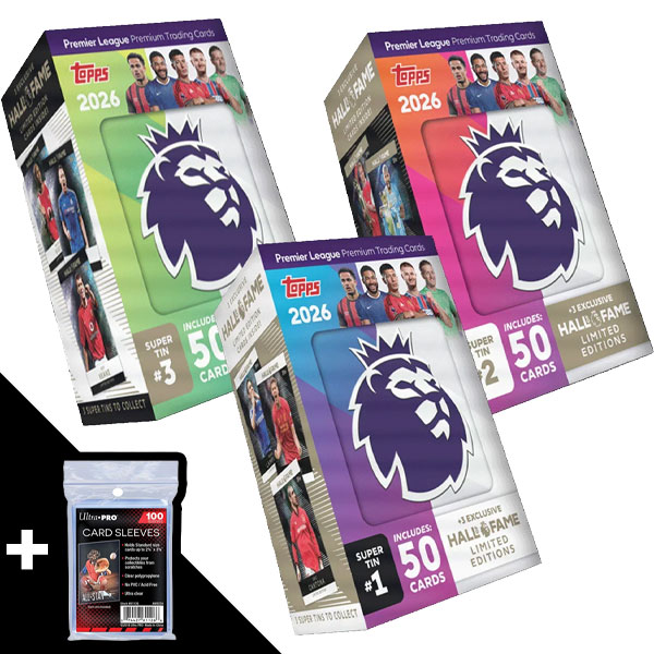 Futbalové karty Topps Premier League Premium 2026 Debut Edition - Super Tin + 100 obalov