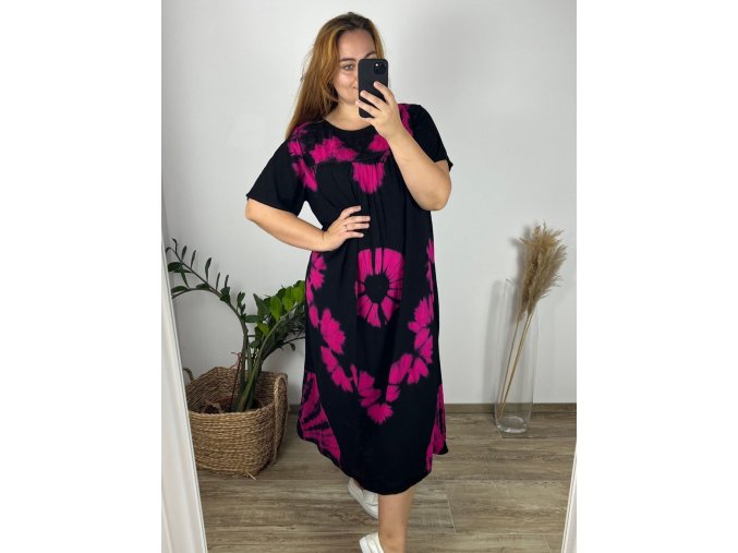 Dlouhé letní šaty batika černorůžové 3XL/4XL, A1225