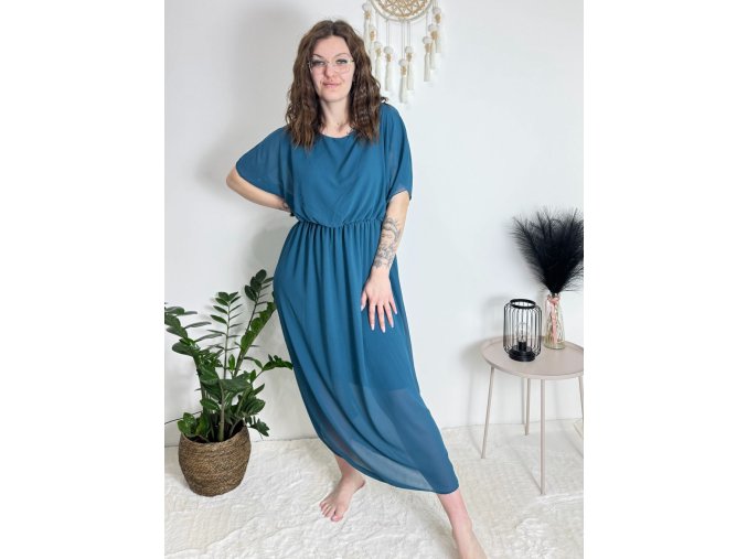 Šifonové společenské teal volnočasové šaty plus size A2130