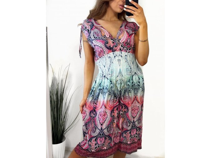 Dámské letní nemačkavé šaty tyrkys + růžová icecool bez rukávů  A2134