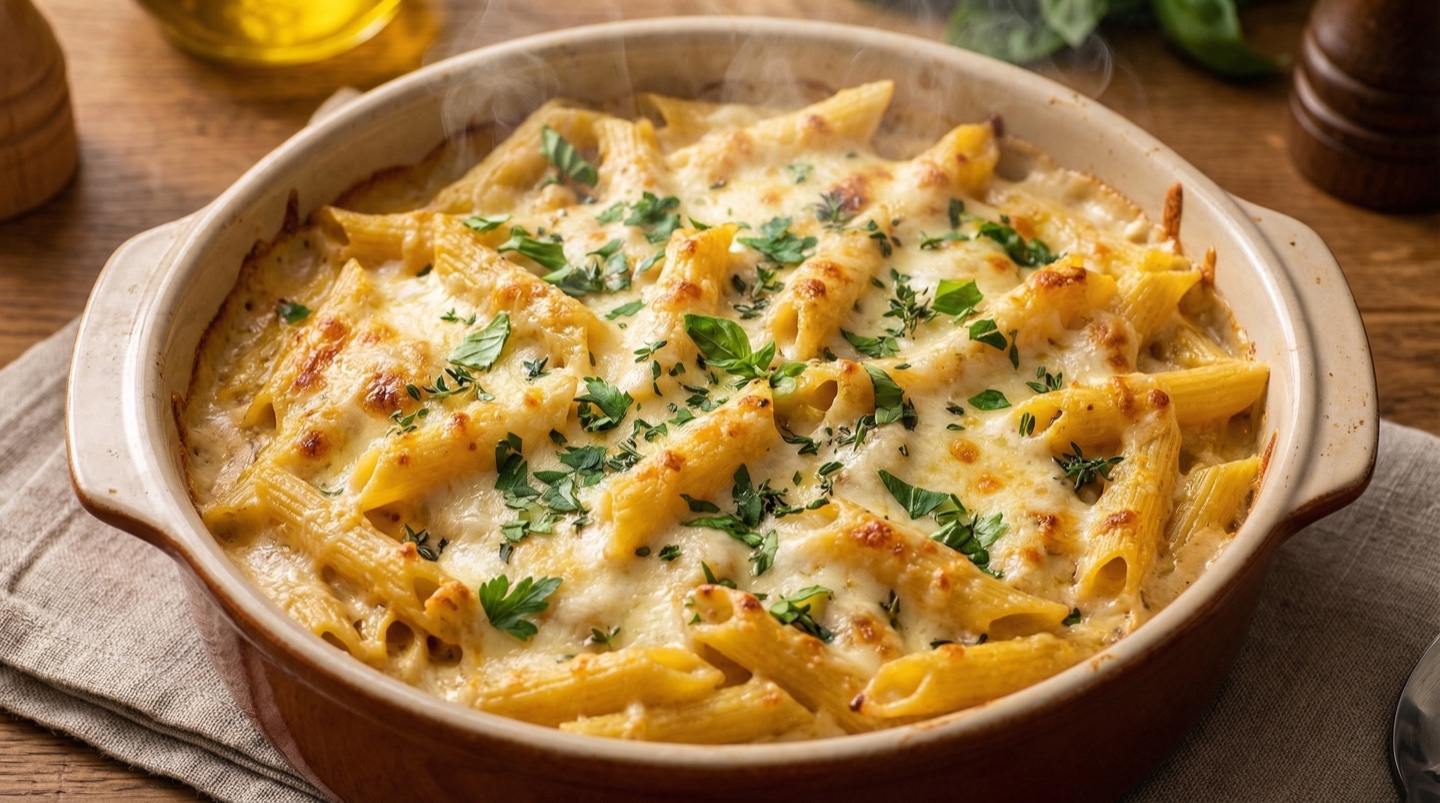 Zapečené těstoviny se smetanovou omáčkou: recept z německých surovin za 30 minut