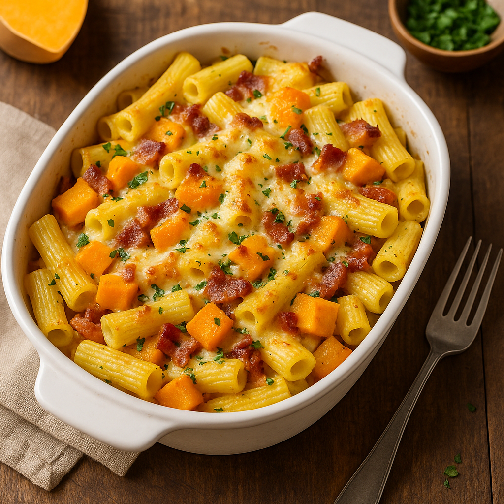 Podzim na talíři: zapečené těstoviny s dýní a slaninou