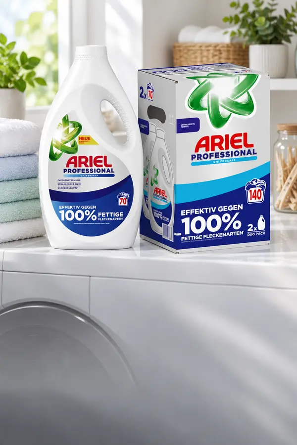 Ariel Professional XXL prací gel a prášek na pračce vedle čistých ručníků