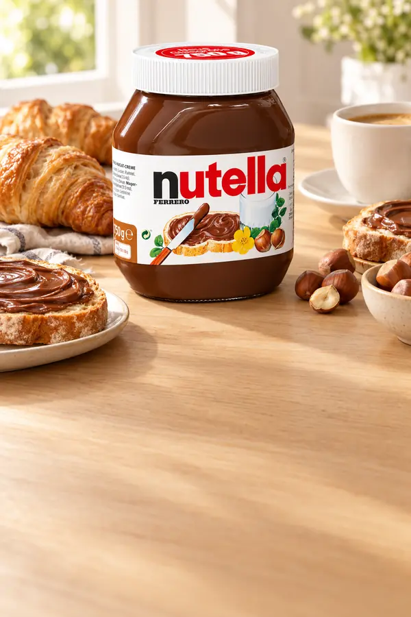 Sklenice Nutella 750 g na snídaňovém stole s croissanty