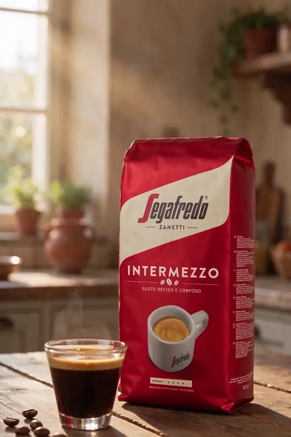 Zrnková káva Segafredo Intermezzo 1 kg a sklenička espressa na dřevěném stole