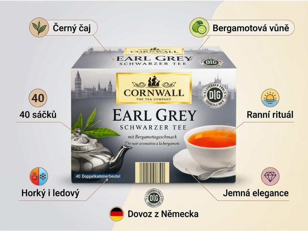 Cornwall černý čaj Earl Grey - infografika výhod
