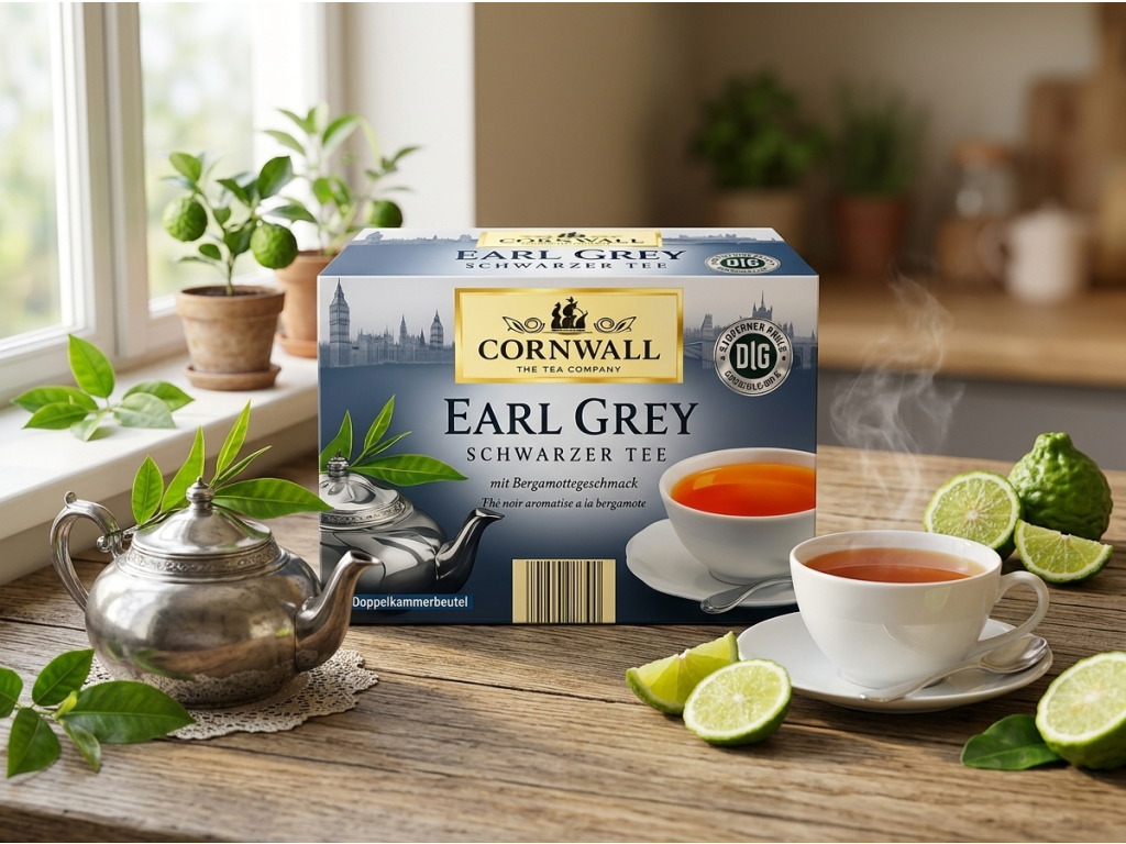 Cornwall černý čaj Earl Grey - šálek čaje a bergamot