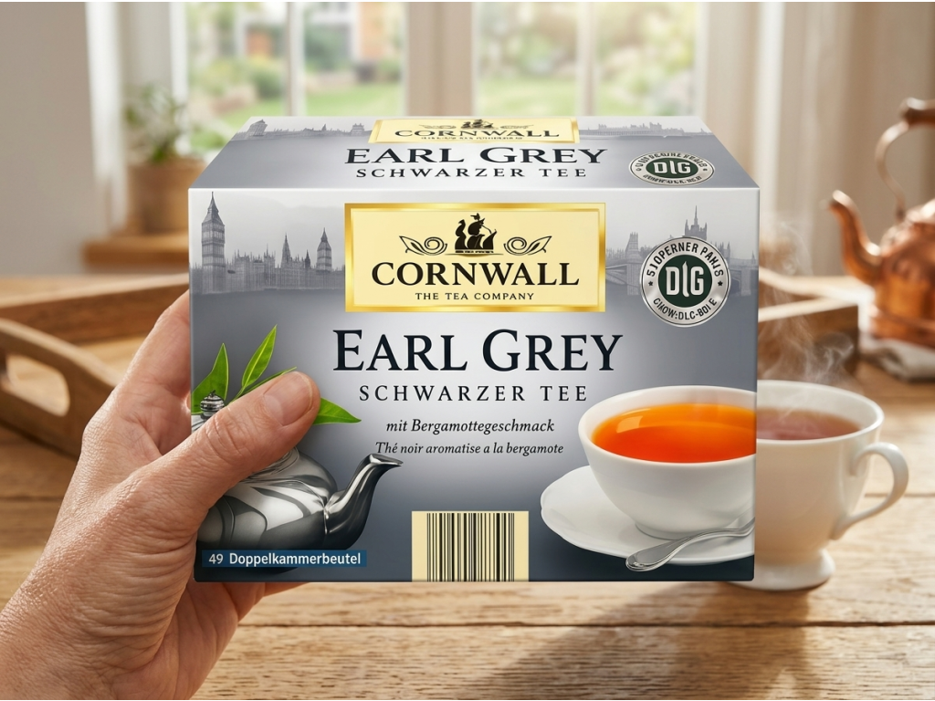 Cornwall černý čaj Earl Grey - balení v ruce