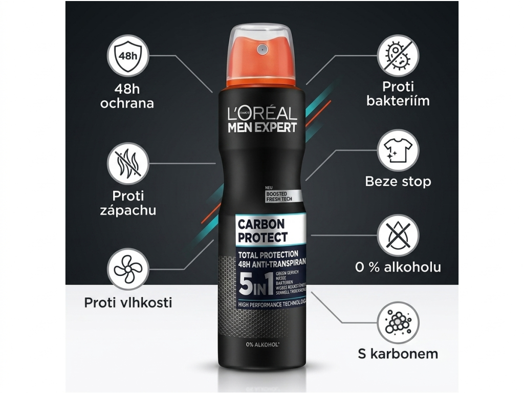 L'Oréal Paris Men Expert Carbon Protect 5v1 antiperspirant ve spreji 150 ml - přehled výhod