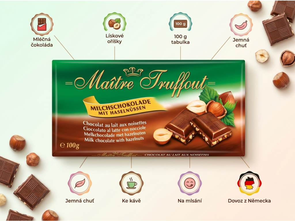 Maitre Truffout mléčná čokoláda s lískovými ořechy 100g - infografika výhod