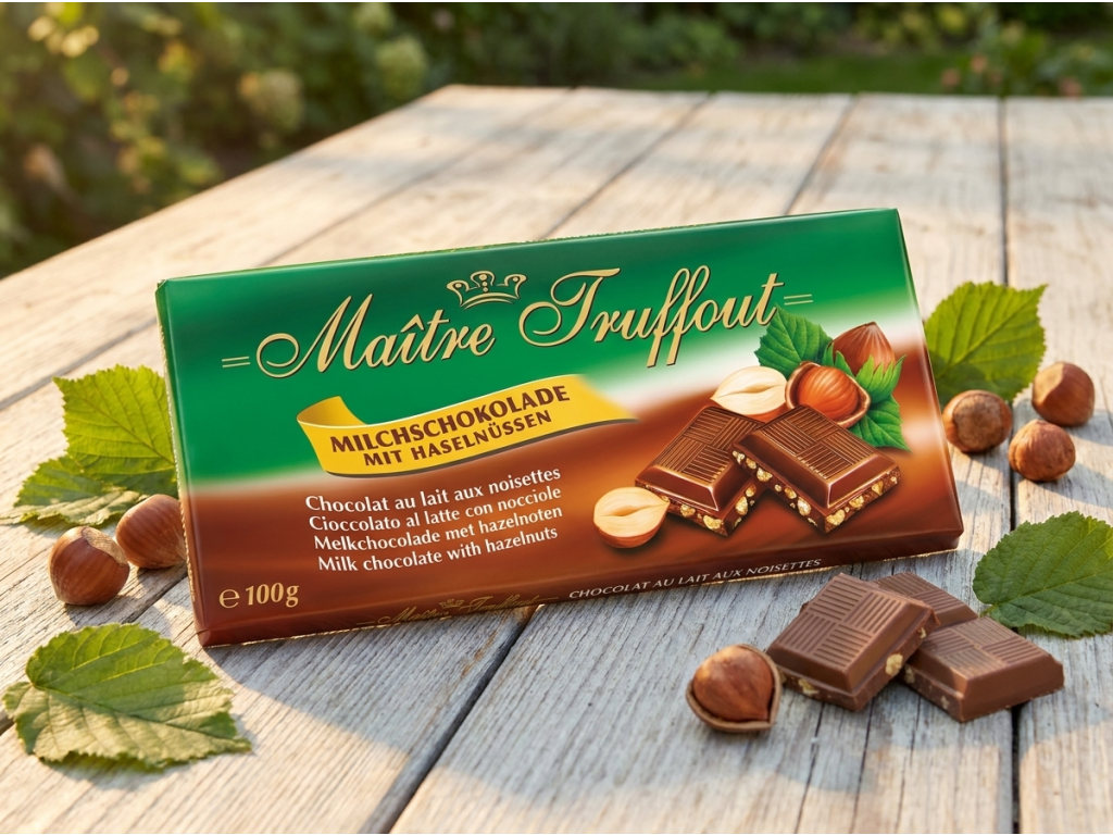 Maitre Truffout mléčná čokoláda s lískovými ořechy 100g - čokoláda a lískové oříšky
