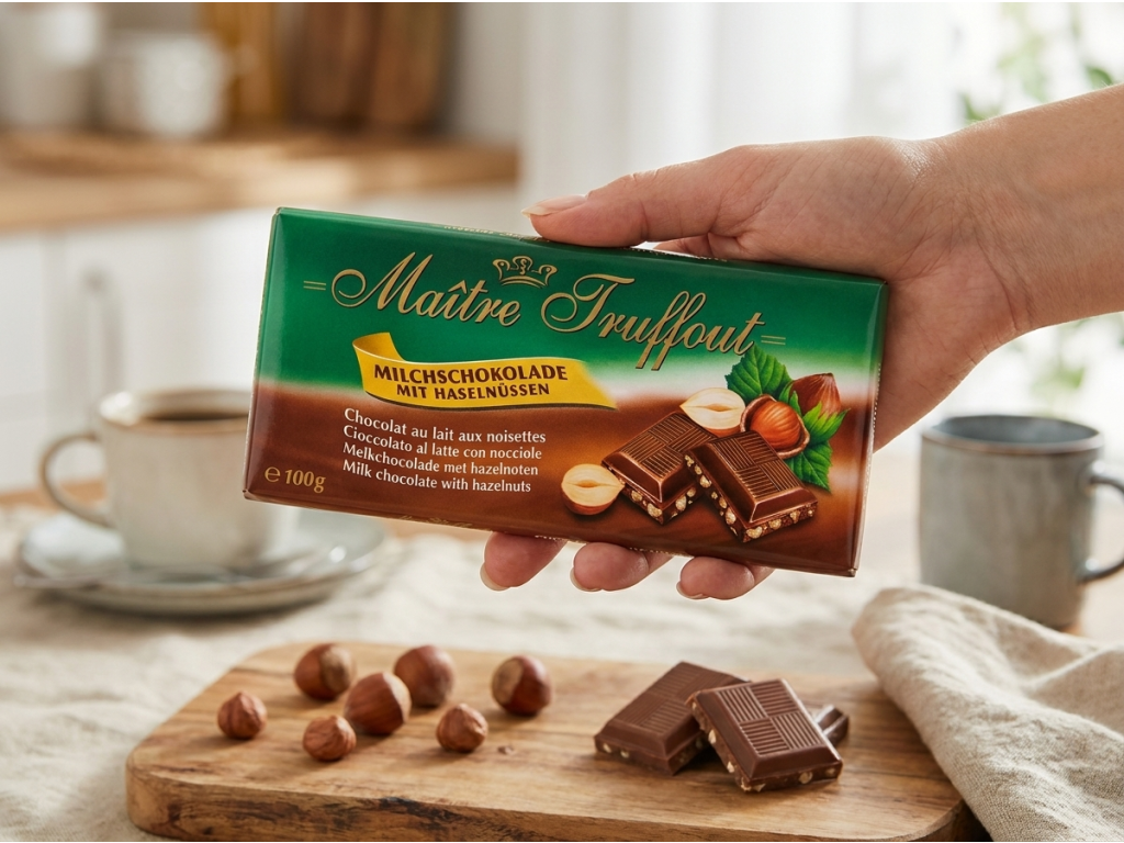 Maitre Truffout mléčná čokoláda s lískovými ořechy 100g - balení v ruce