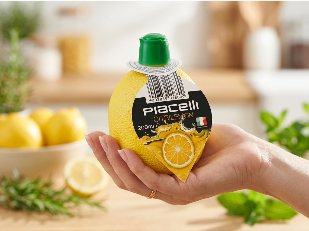 Citronový koncentrát Piacelli Citrilemon držený v ruce