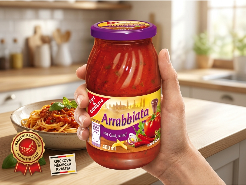 G&G omáčka na těstoviny Arrabbiata 400 ml v ruce