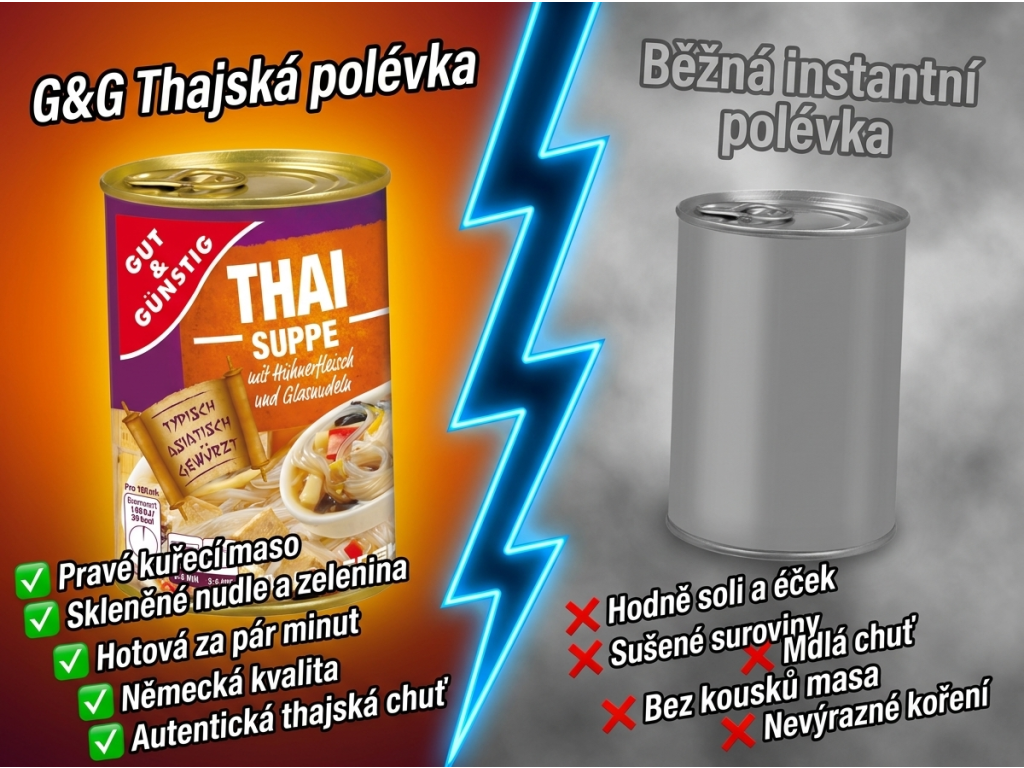 Srovnání G&G thajské polévky s běžnou instantní polévkou