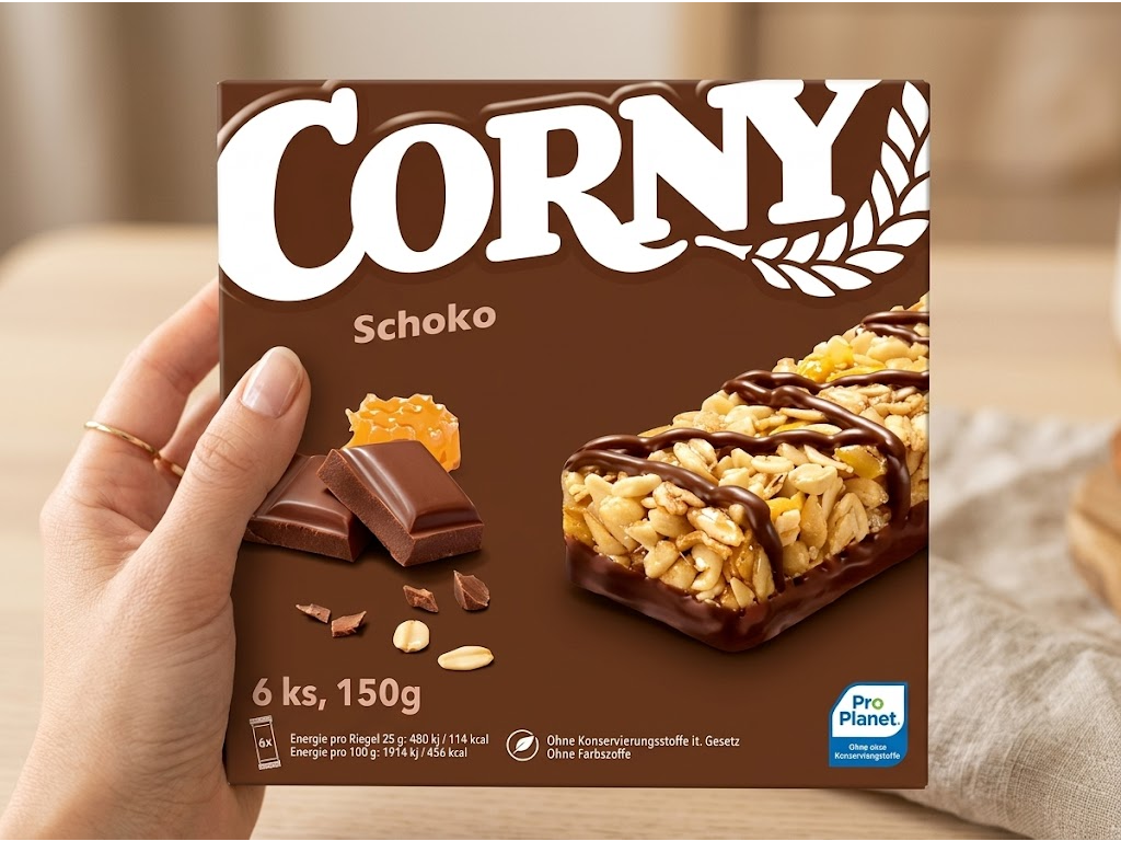 Corny Schoko - krabička v ruce