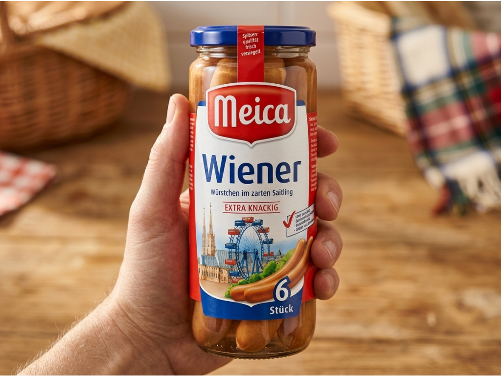 Sklenice vídeňských párků Meica držená v ruce