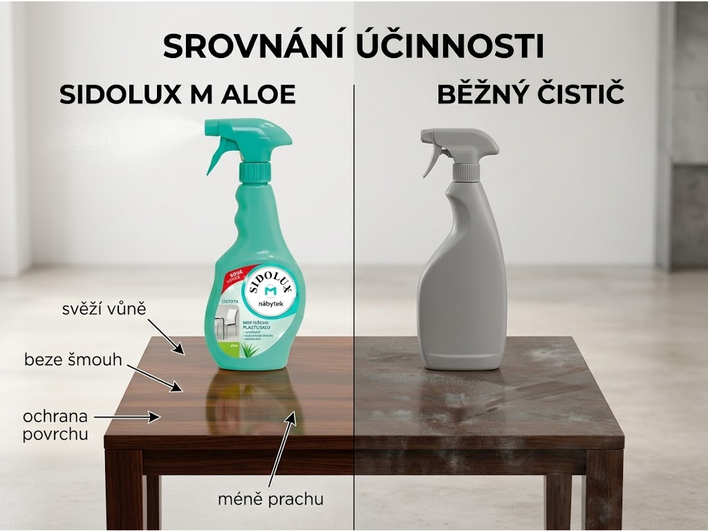 Sidolux M Aloe proti prachu - srovnání s běžným čističem