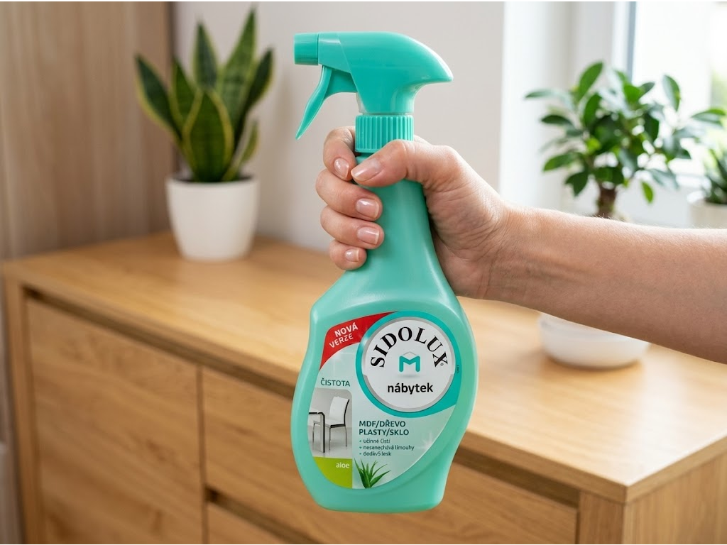 Sidolux M Aloe sprej proti prachu držený v ruce