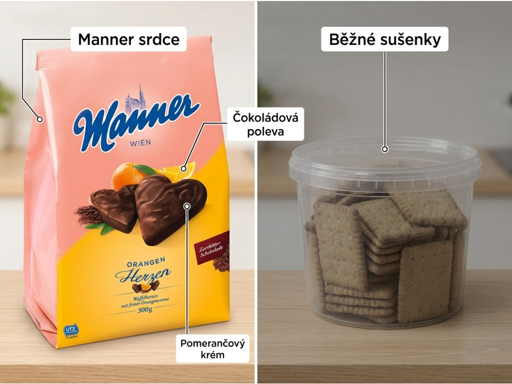 Srovnání Manner Pomerančových srdcí